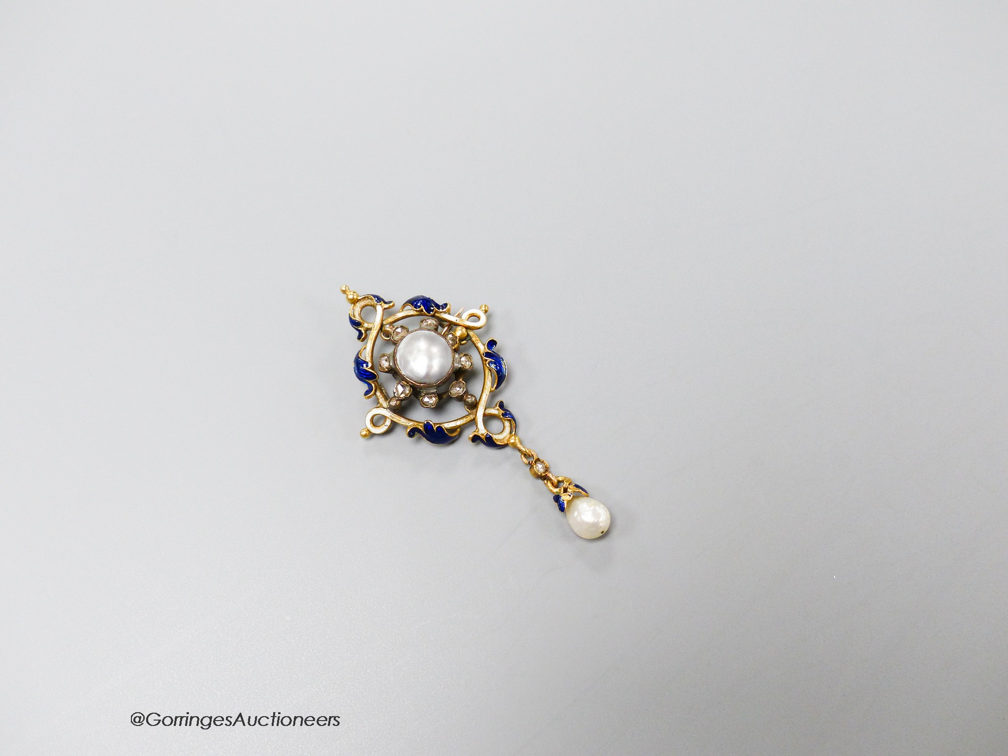 A 19th century continental yellow metal enamel, split and baroque pearl and rose cut diamond set drop pendant (adapted), 6cm, gross 9.1 grams.